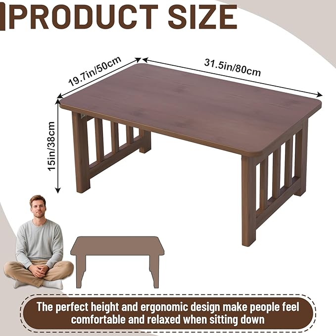 Japanese Folding Floor Coffee Table, Bamboo Foldable Low Table for Sitting On The Floor No Assembly Portable Tea Table Chabudai Table for Tatami, Bay Window, Meditation, Altar (Walnut)