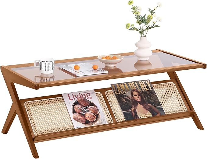 Tiita Rattan Coffee Table, Bamboo Accent Bedside Tables, Glass Nightstand Side Table, Boho Wooden End Table with Storage for Living Room,Living Room, Dining Room, Tea, Home Décor