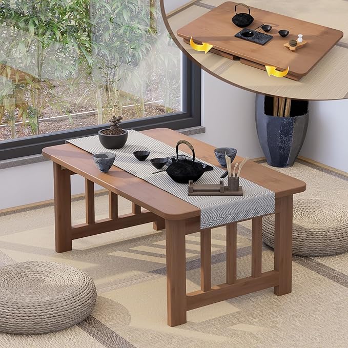 Japanese Folding Floor Coffee Table, Bamboo Foldable Low Table for Sitting On The Floor No Assembly Portable Tea Table Chabudai Table for Tatami, Bay Window, Meditation, Altar (Walnut)