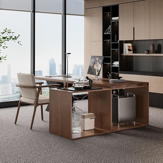 ENGENDER Computer Desk Simple Chinese Solid Wood Furniture, Large Board Table with Tea Table Side Cabinet for Home Living Room, Suitable for Company Office and Tea Making Escritorio(220x80x75cm)