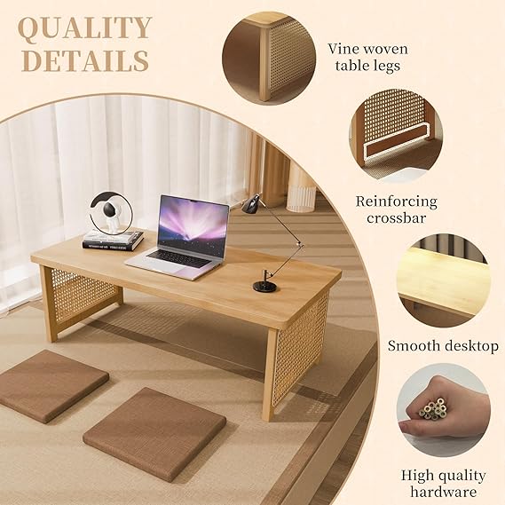 Japanese Floor Table Folding Coffee Table, No Assembly Portable Bamboo Low Tea Tables with Vine Woven Legs, Rectangular Thickened Tatami Tables for Living Room, Dining Room (Wood)