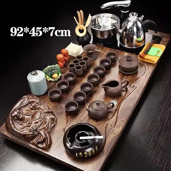 Chinese Tea Ceremony Table Tea Set,Kung Fu Tea Set,Tea Serving Tray Kung Fu Tea Set with Wood Solid Wood Tea Tray Drainage Water Storage(Style-1)