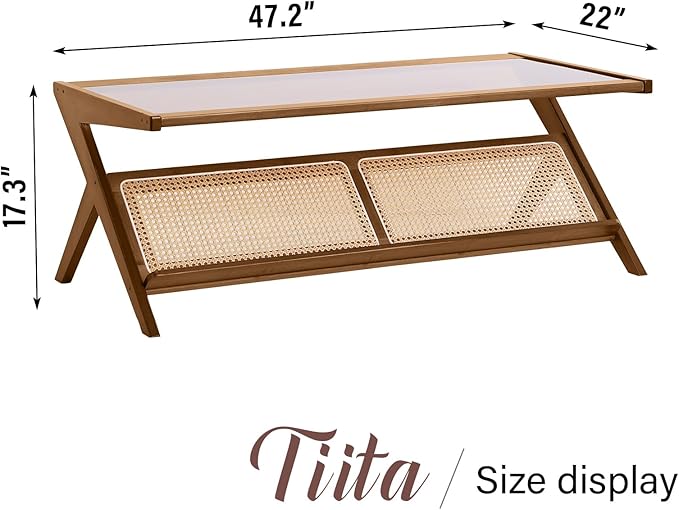 Tiita Rattan Coffee Table, Bamboo Accent Bedside Tables, Glass Nightstand Side Table, Boho Wooden End Table with Storage for Living Room,Living Room, Dining Room, Tea, Home Décor