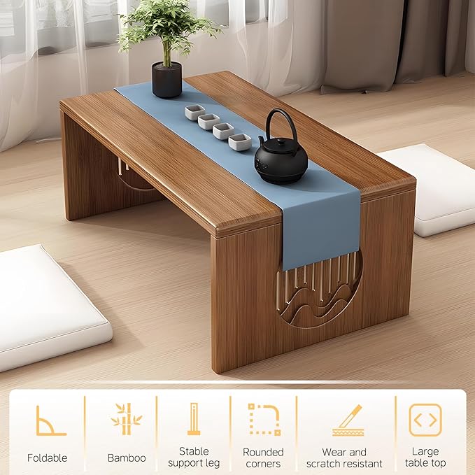 Folding Floor Coffee Table, Japanes Bamboo Foldable Tables, Portable Living Room Low Dsk, Versatile Tatami Meditation Tea Table for Dining Room, Wooden Table Desk for Home, Office (100X37CM)