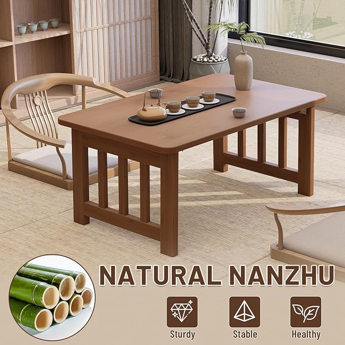 Japanese Folding Floor Coffee Table, Bamboo Foldable Low Table for Sitting On The Floor No Assembly Portable Tea Table Chabudai Table for Tatami, Bay Window, Meditation, Altar (Walnut)