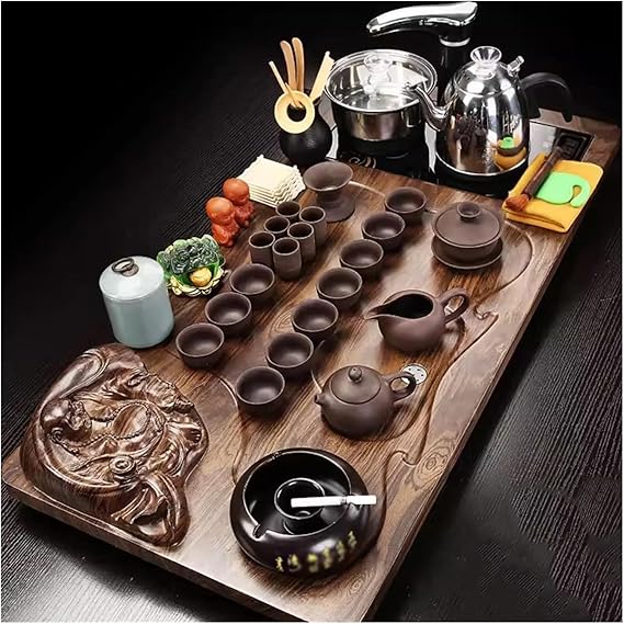 Chinese Tea Ceremony Table Tea Set,Kung Fu Tea Set,Tea Serving Tray Kung Fu Tea Set with Wood Solid Wood Tea Tray Drainage Water Storage(Style-1)