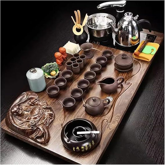 Chinese Tea Ceremony Table Tea Set,Kung Fu Tea Set,Tea Serving Tray Kung Fu Tea Set with Wood Solid Wood Tea Tray Drainage Water Storage(Style-1)