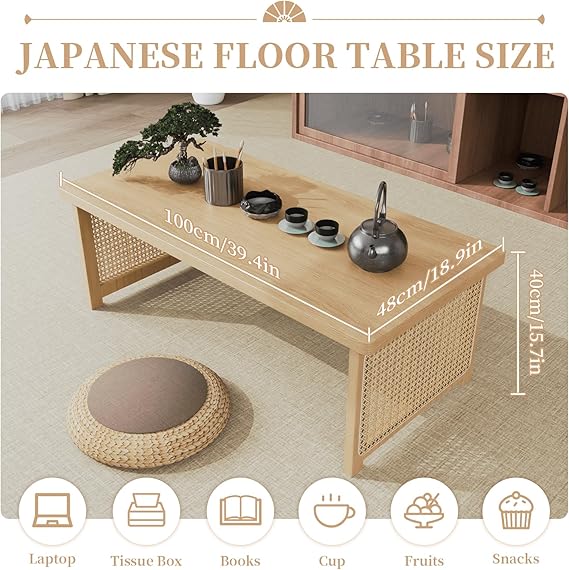Japanese Floor Table Folding Coffee Table, No Assembly Portable Bamboo Low Tea Tables with Vine Woven Legs, Rectangular Thickened Tatami Tables for Living Room, Dining Room (Wood)