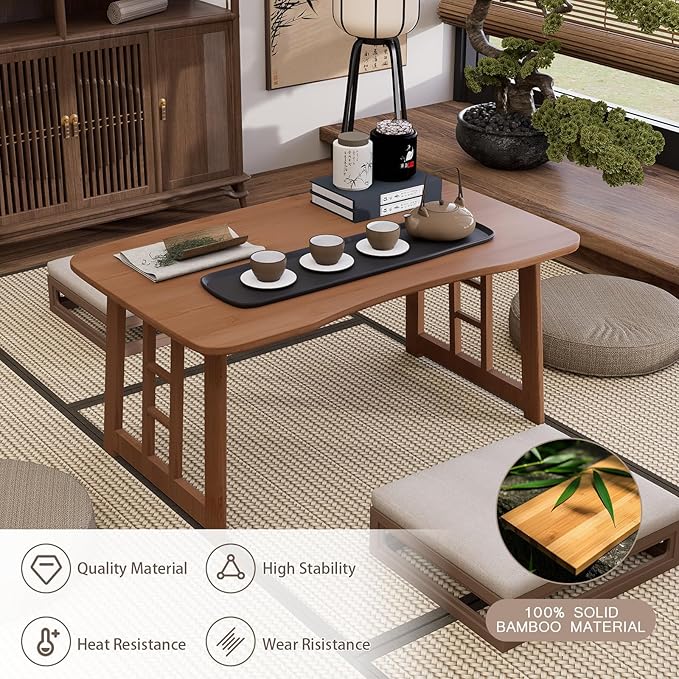Japanese Folding Coffee Table,Bamboo Foldable Floor Low Table for Sitting on Floor,Portable Collapsible Meditation Tea Table for Tatami Living Room Bay Window,No Assembly (Brown)