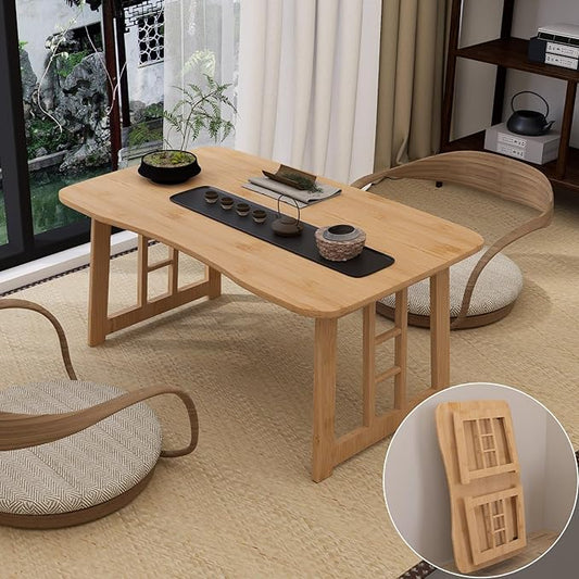 Japanese Folding Floor Table,Bamboo Foldable Coffee Table,Portable Collapsible Tatami Low Table for Sitting on Floor Suitable for Tea Room,Bay Window,Tatami Living Room,No Assembly (Wood)
