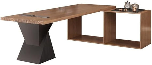 ENGENDER Computer Desk Simple Chinese Solid Wood Furniture, Large Board Table with Tea Table Side Cabinet for Home Living Room, Suitable for Company Office and Tea Making Escritorio(220x80x75cm)