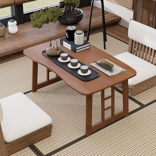 Japanese Folding Coffee Table,Bamboo Foldable Floor Low Table for Sitting on Floor,Portable Collapsible Meditation Tea Table for Tatami Living Room Bay Window,No Assembly (Brown)