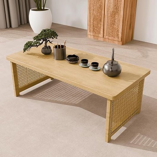 Japanese Floor Table Folding Coffee Table, No Assembly Portable Bamboo Low Tea Tables with Vine Woven Legs, Rectangular Thickened Tatami Tables for Living Room, Dining Room (Wood)